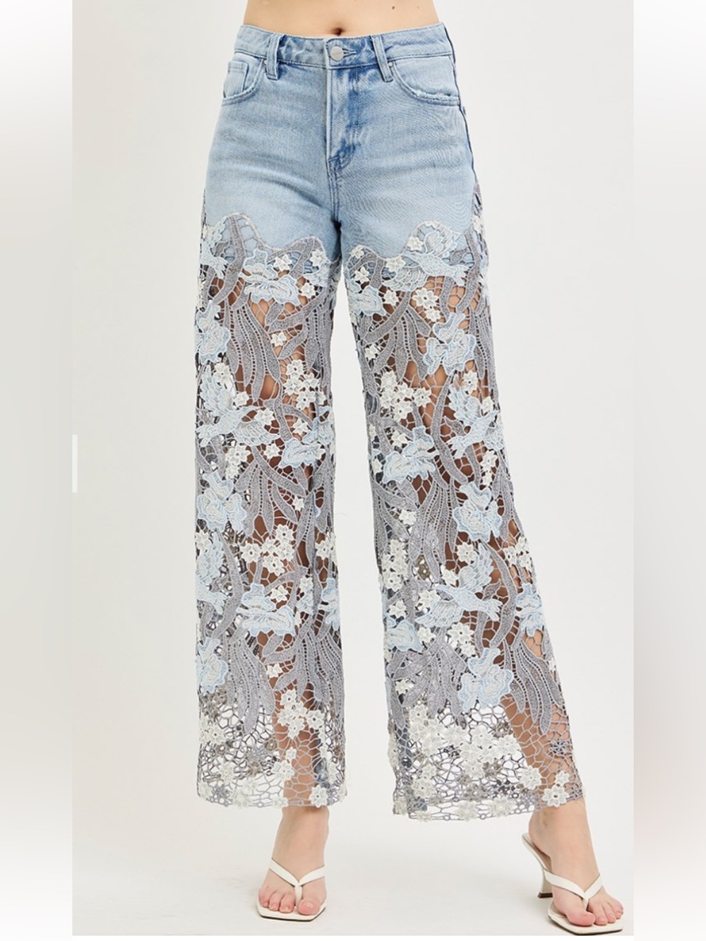 222 ❤️RISEN • HIGH RISE WIDE PATCHWORK LACE PANEL JEANS